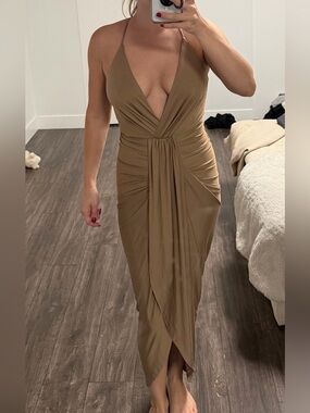 Plunge Wrap-Front Maxi Dress in Olive Brown